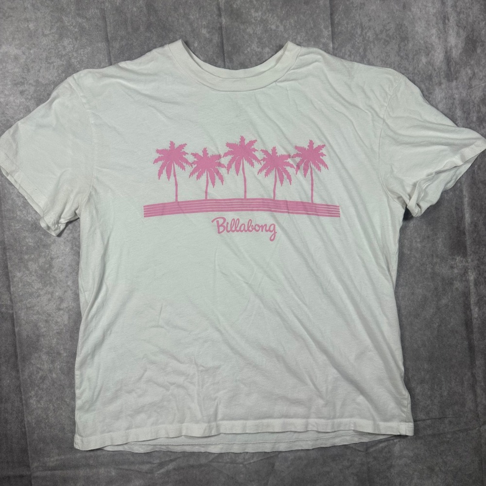 Billabong Women's Large White Pink Palm Tree Graphic T-Shirt Coastal Surfer